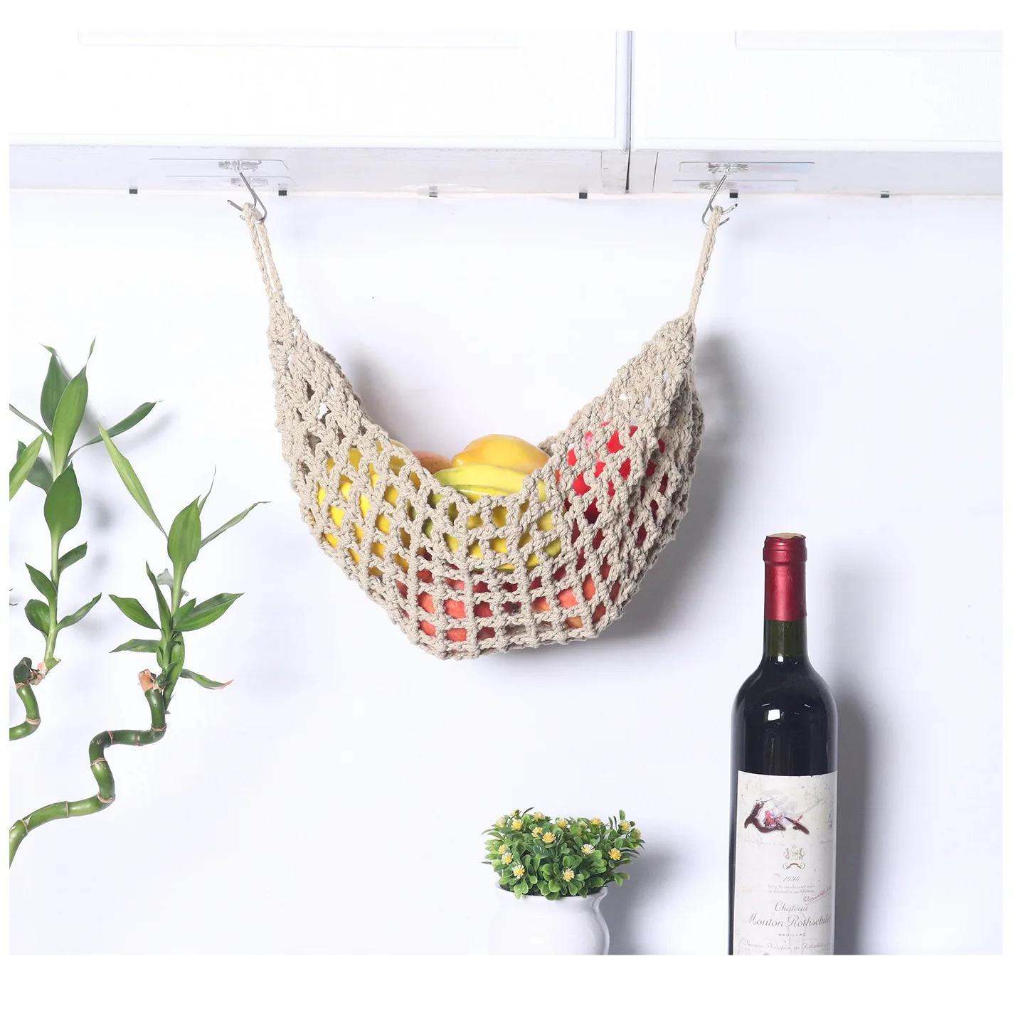 Macrame Hanging Fruit Storage Basket, Handwoven Cotton Wall Mesh Organizer for Kitchen Vegetable Produce Storage
