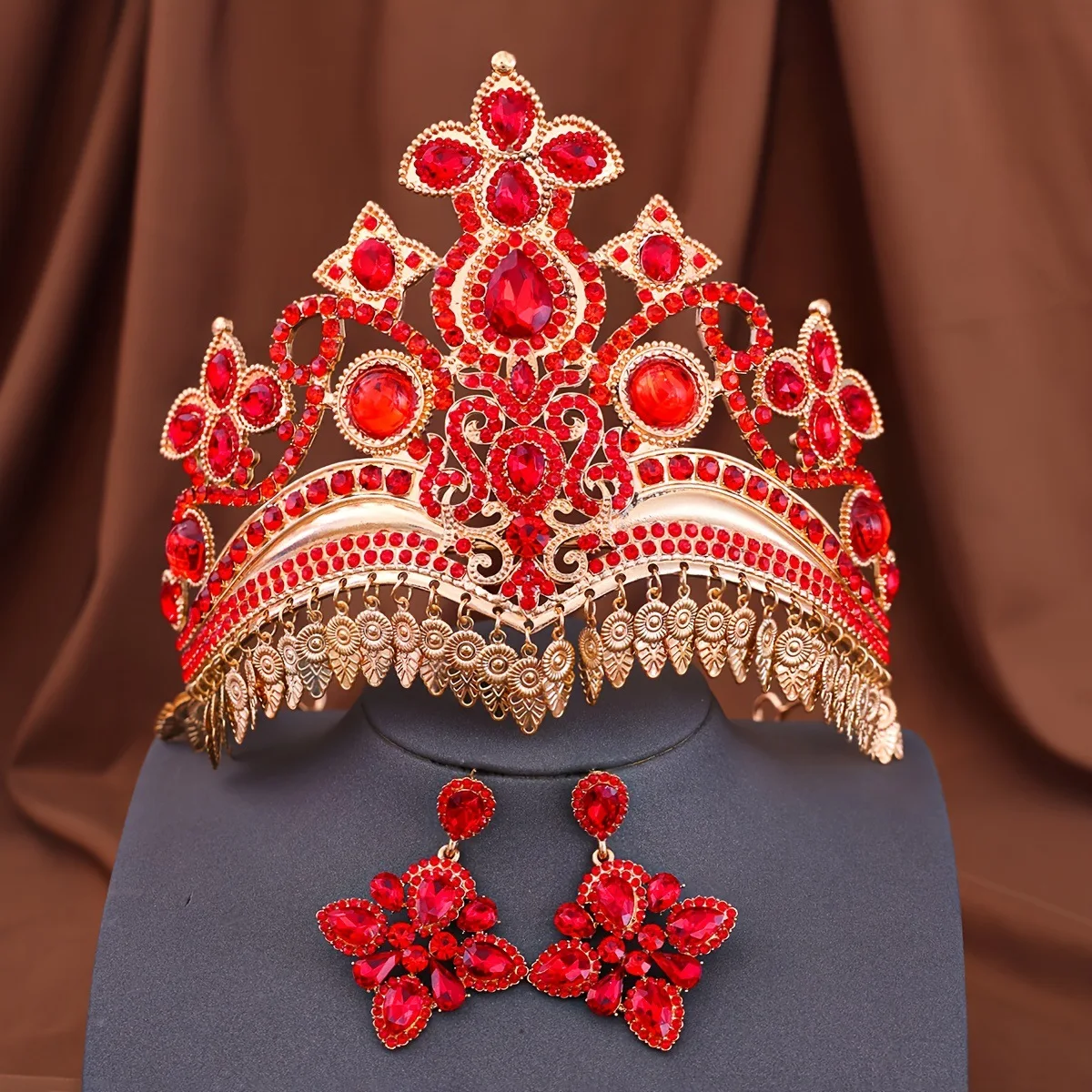 Ethnic Style Gold Red Hair Crown Ladies Wedding Crown Tiara Earrings Set Hair Accessories