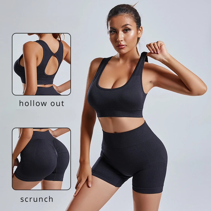 2 Piece Set Seamless Yoga Suit Sports Underwear Peach Hip Fitness Gym Yoga Crop Top Bra and Shorts Set Workout Clothes for Women