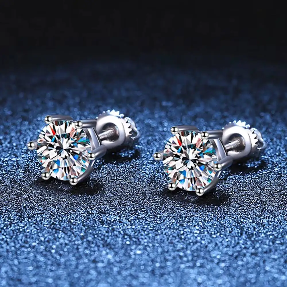 1Ct Grey Black Moissanite For Women 925 Sterling Silver Screw Women's Earrings Fine Jewelry