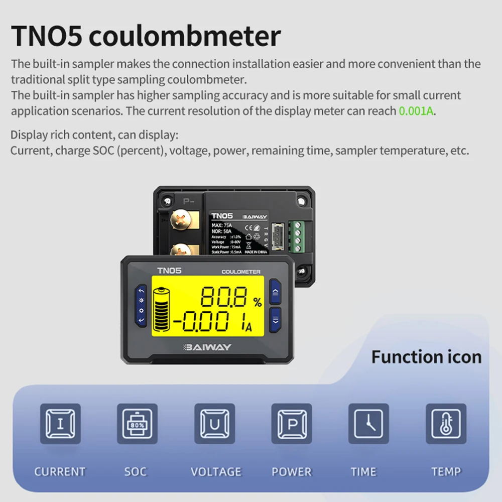 TN05 Battery Level Indicator Battery Capacity Tester DC 8~80V 0~75A Built In Sampling Precision Coulomb Meter Voltmeter Ammeter