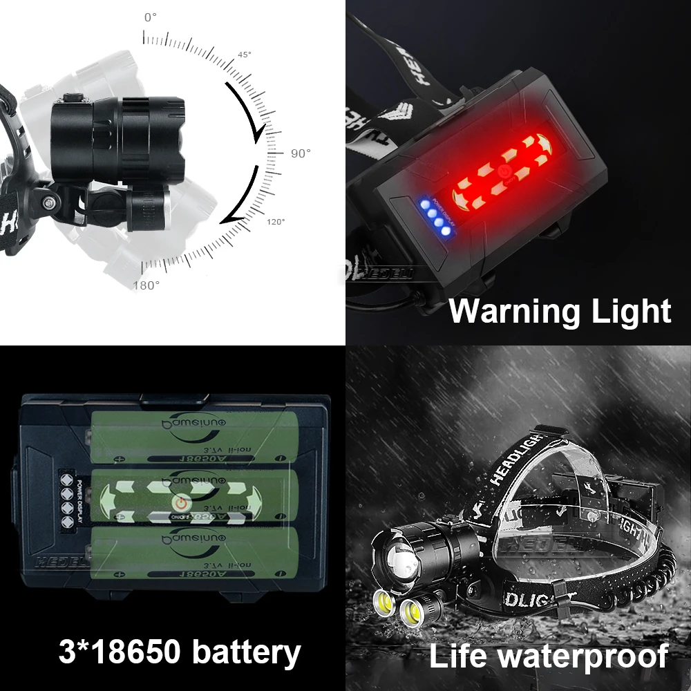 Super High Power XHP360 Headlamps Powerful Fishing COB Head Flashlight Super Bright Zoom LED Headlight USB Rechargeable Lanterns