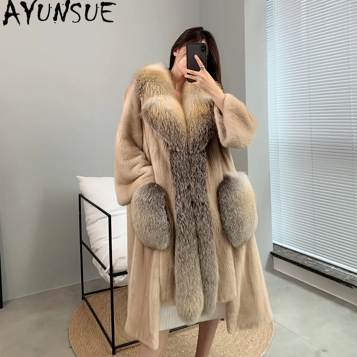 AYUSNUE Natural Whole Mink Coat Women Clothing Velvet Mink Fashion Winter Jacket Woman Warm Fox Fur Cuffs Long 110cm Casacos