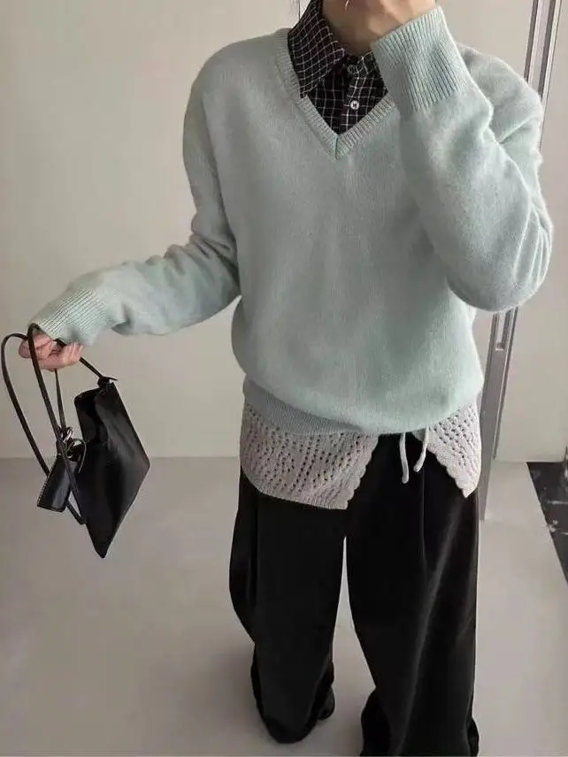 Langer Sve-Strickpullover für Damen, V-Ne, lockere Passform, Overhead-Sle, faionable, Übergröße, bequemes Ne-Herz-Aped-Design