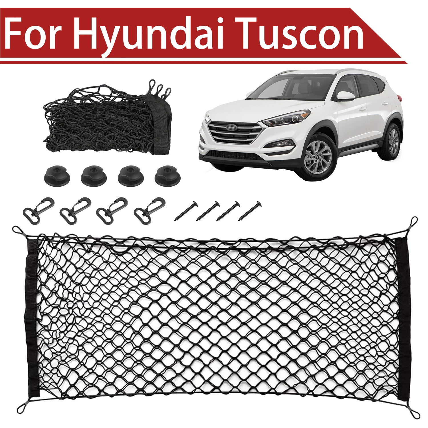 

For Hyundai Tuscon 2005-2025 Cargo Net Trunk Organizer, Elastic Mesh Storage Net Car Accessories Storage Belt Hook