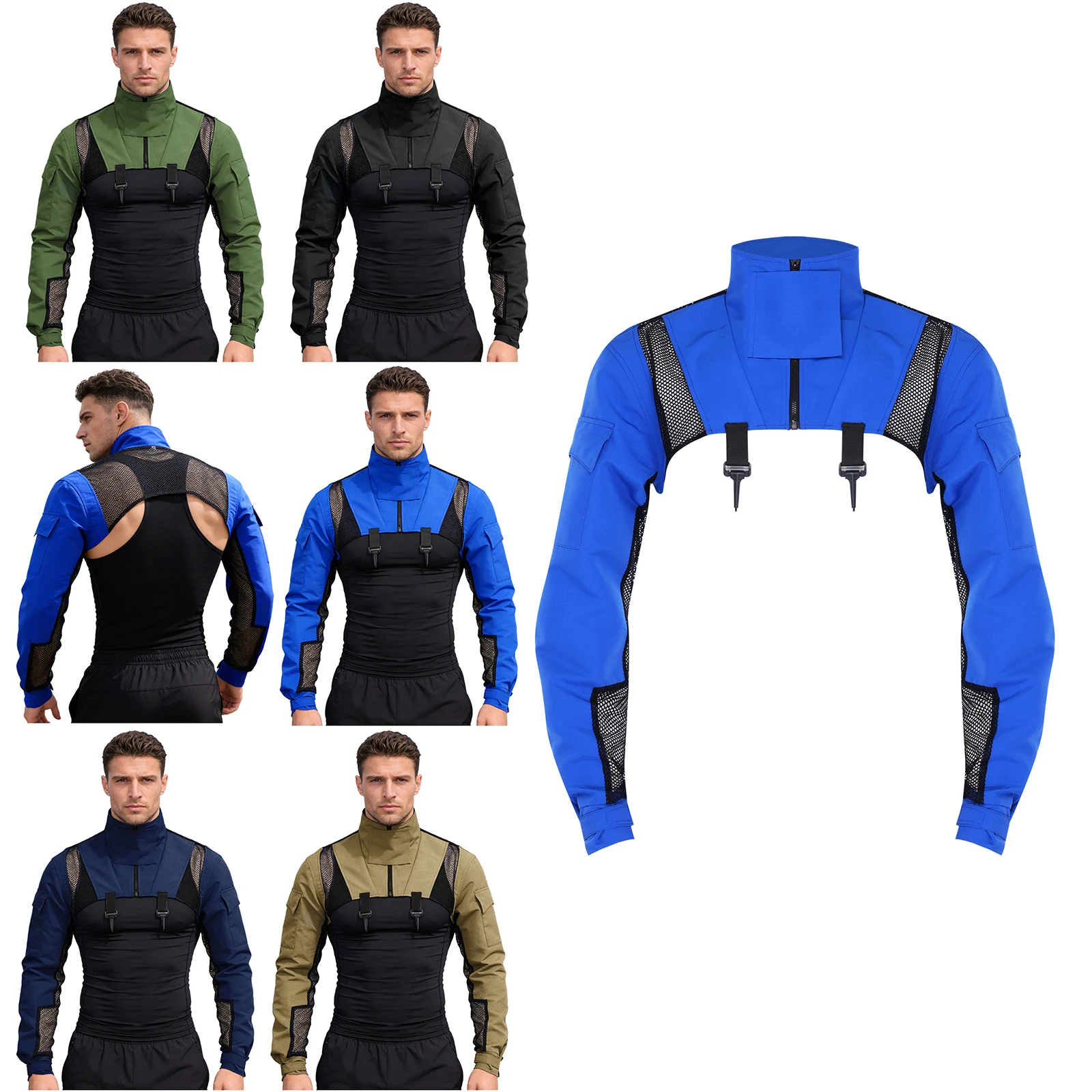 Mens Combat Shrugs Shoulder Armor Stand Collar Mesh Patchwork Long Sleeves with Pockets T-shirt Crop Top for Outdoor Activities