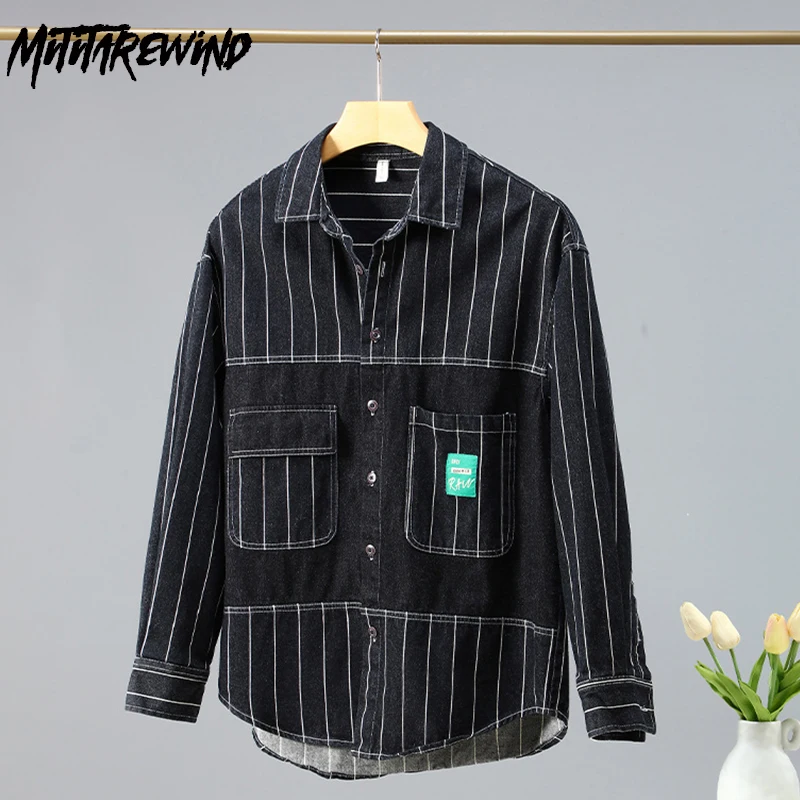 Retro Denim Shirt Men Spring Autumn Cotton Long Sleeve Shirts Double Pockets Loose Striped Black Shirt Casual Fashion Jean Tops