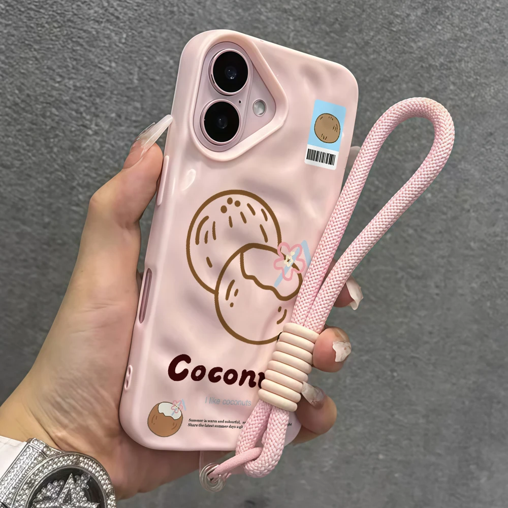 Niedliche Handyhülle mit Kokosnussmuster aus Falten-Silikon für iPhone 17 15 13 11 12 14 16 17 Pro Max 15 Plus Air mit Lanyard INS Cover – Detail 8