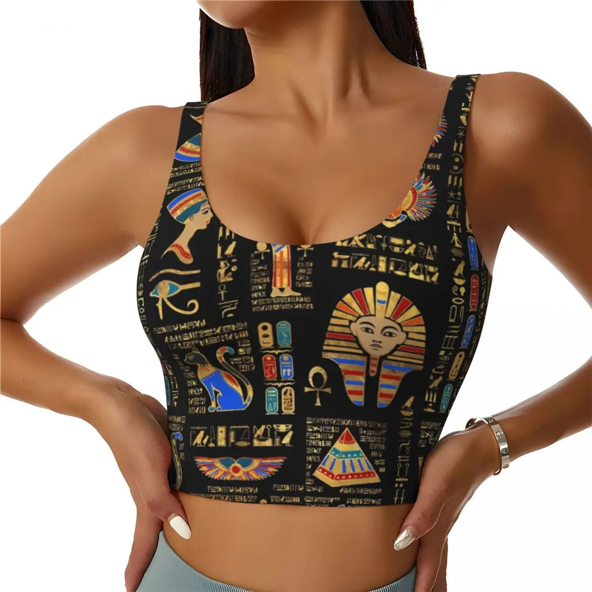 Custom Egyptian Hieroglyphs And Deities High Impact Sports Bras Ancient Egypt Art Seamless Workout Running Crop Tank Tops