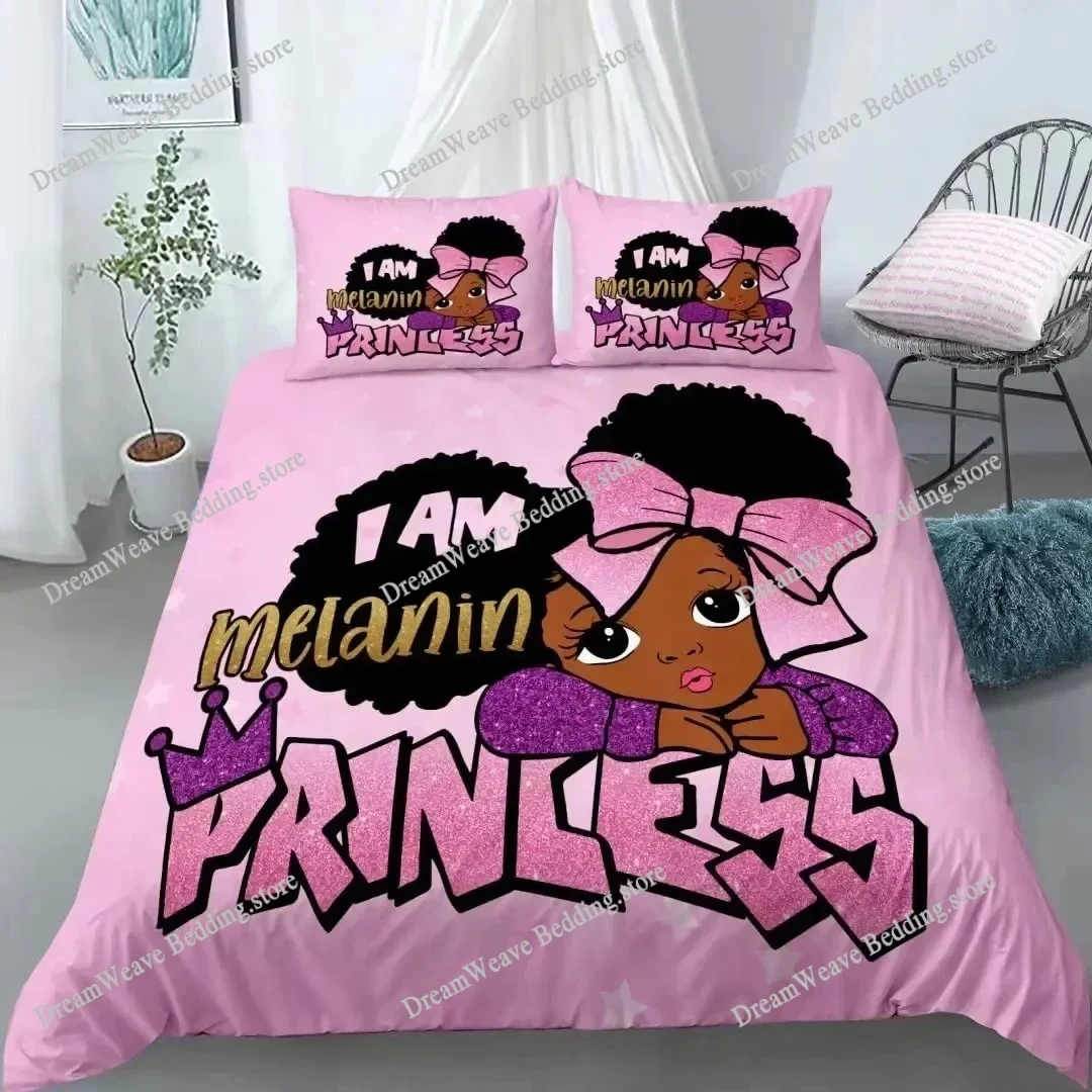 

American Black Girl Duvet Cover Set,Black Girl Magic Bedding Set Full Size,Cute Little Afro Black Princess Comforter Cover Sets