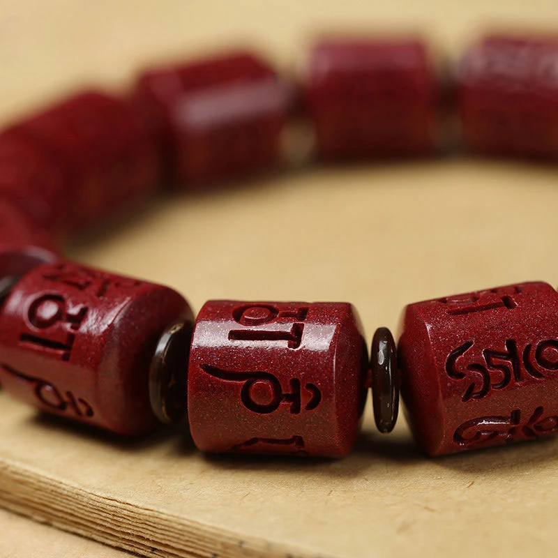 Natural Cinnabar Animal Year Six-character Mantra Bucket Beads Bracelet Zijin Sand Joker Bracelet for Men and Women.