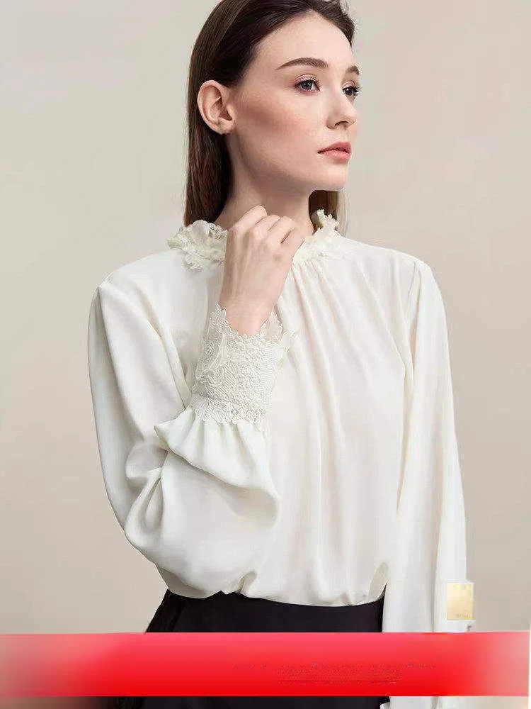 

Ele Commuter Sle Lace Trim Splicing Chiffon Top Women Loose Drifting Spring New Arrival Simple Polyester Fiber Long Sle...