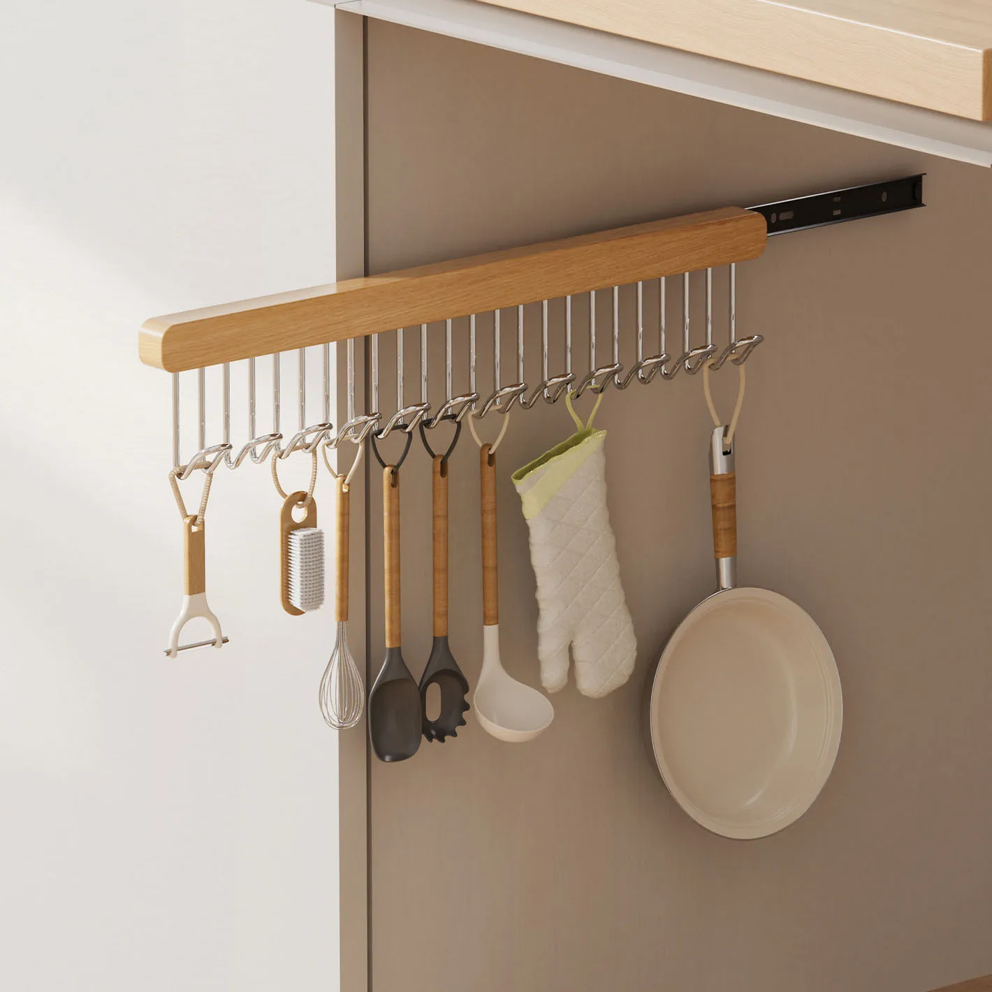 1pcs Wall Mounted Clothes Hanger 8/12 Hooks Solid Wood Retractable Space Saving Bra Belts Ties Kitchenware Household Wardrobes