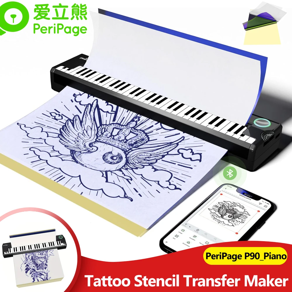 PeriPage P90_Piano طابعة استنسل الوشم مع ورق نقل A4 سماعة لاسلكية تعمل بالبلوتوث طباعة الوشم أندرويد/iOS/Windows/Mac