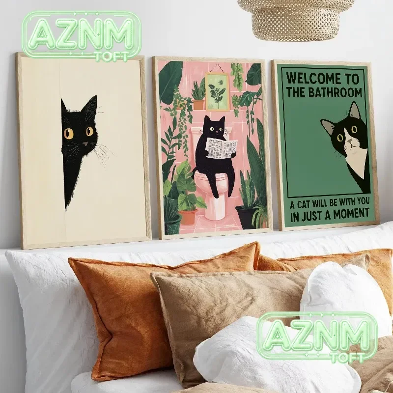 Lustiges Vintage-Badezimmer-Poster mit süßer schwarzer Katze und tropischen Toiletten-Tieren, Leinwandbild, Wandkunst, Bilder, Heimdekoration, Geschenk