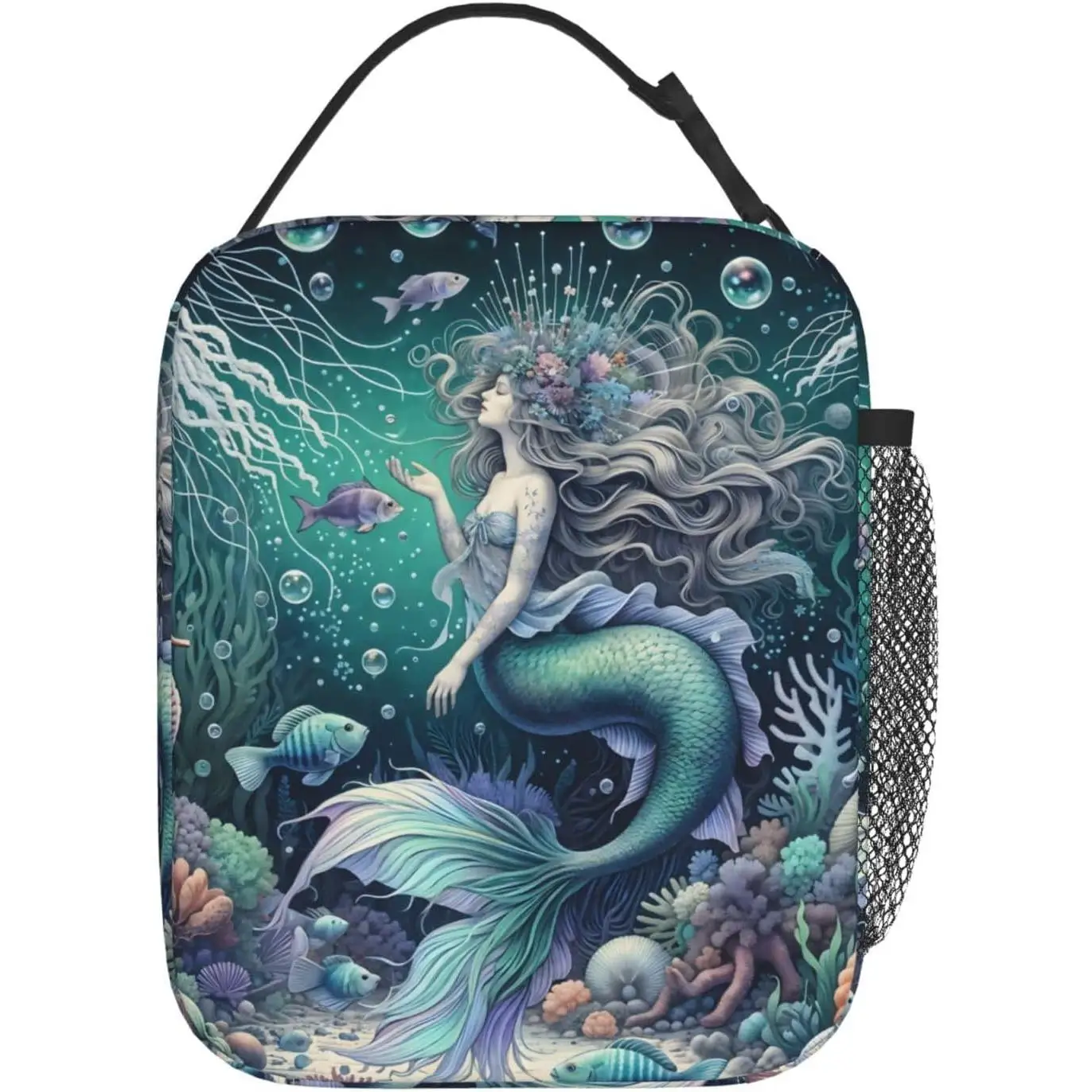 

Colorful Fish and Coral Reef Reusable Tote Bag for Women Girls Underwater Ocean Scene Design Lunchbag Portable Cooler Lunchboxes