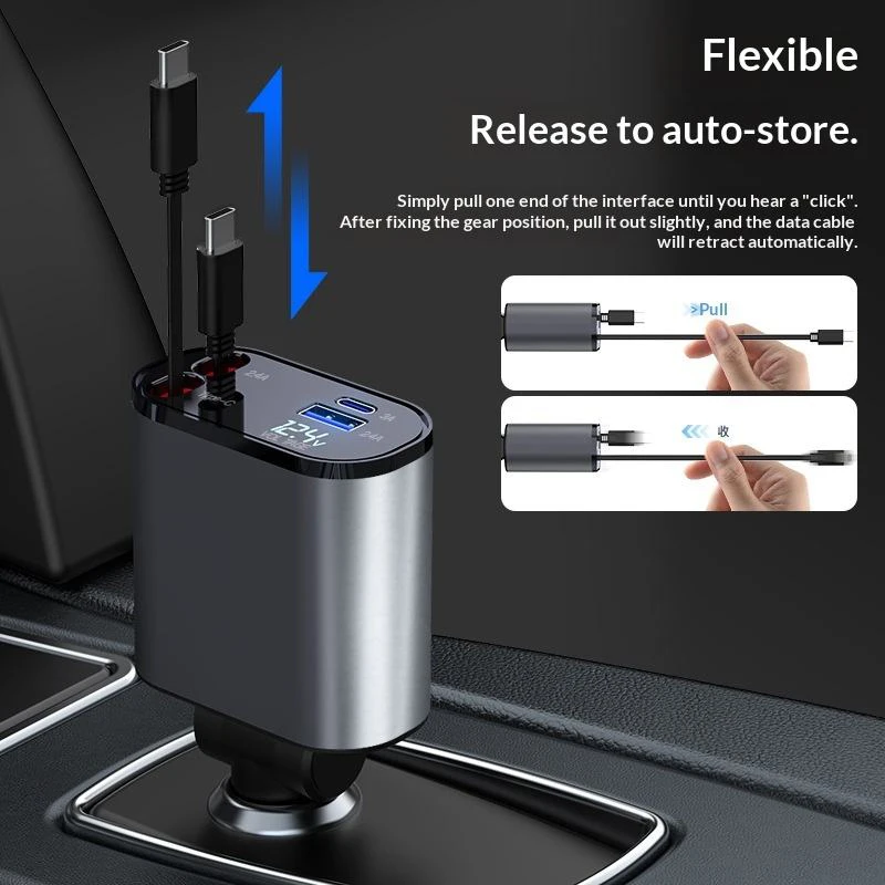 120w Retractable Car Charger 4 in 1 Fast Car Phone Charger With USB Type C Cable For iPhone For Samsung Fast Charge Cord Adapte