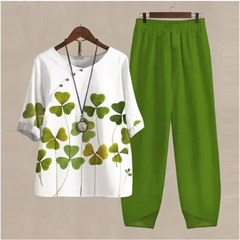

Summer Casual 2 Piece Set Women Loose Short Sleeve Shirt Top High Waist Pants Flower Print Outfits Ladies Elegant Vintage Suit