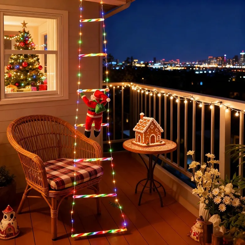 Christmas Garland Light with Climbing Santa Ladder, Multicolor Battery Powered Hanging Decoration for Window Garden Party