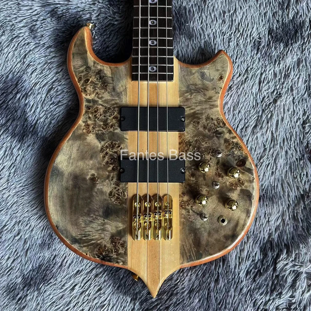 Custom Fantes Bass Alemb style 4 Strings Neck Thru Body Electric Guitar Bass Factory Burst Maple Top 9V Active Pickup