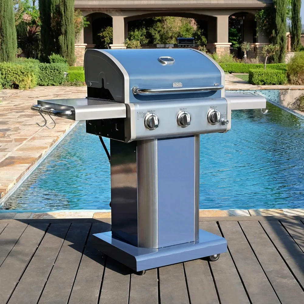 Propane grill, 30,000 btu gas grill, cast iron cooking grate, folding side table and wheels