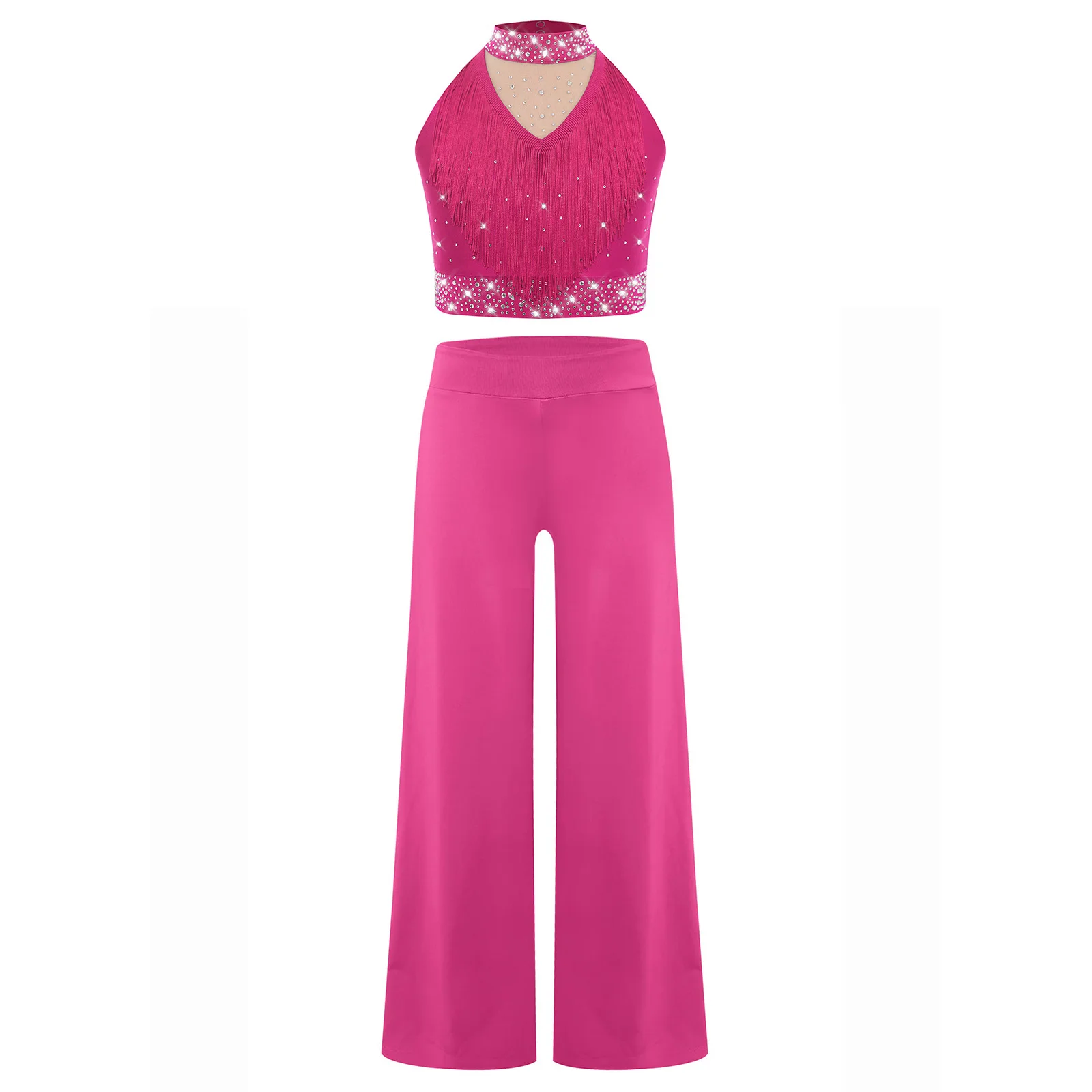

Kids Girls 2-Piece Latin Dance Costume Mock Neck Sleeveless Fringe Sparkly Rhinestones Latin Dance Vest with Wide-Leg Pants