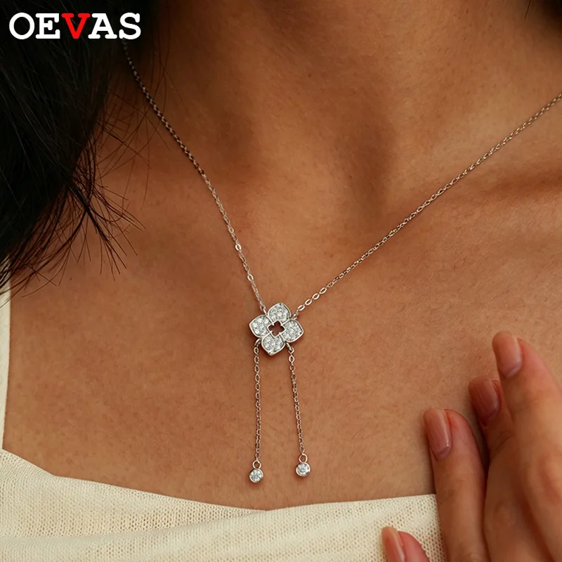 

OEVAS Full Moissanite Clover Pendant Necklace Earrings For Women 18K Gold Plated S925 Silver Neck Chain Wedding Jewelry Gifts