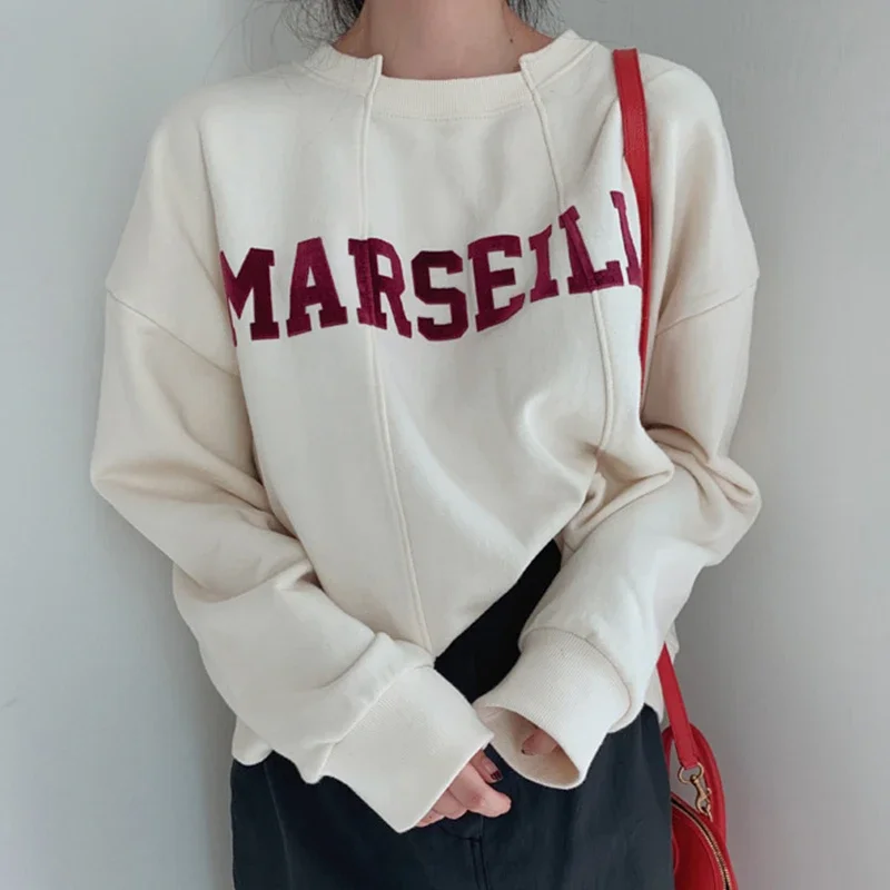 Women Korean Kawaii Patchwork Chic Short Sweatshirts Tops Casual Loose Vintage Letter Print Round Neck Pullover Female Ulzzang