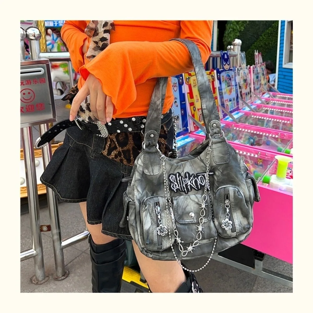 Women\'s Grey Y2k Shoulder Bags Luxury Designer Gothic Tote Bag Motor Style Hot Girls Chain Punk Handbag Multi-Pocket Harajuku