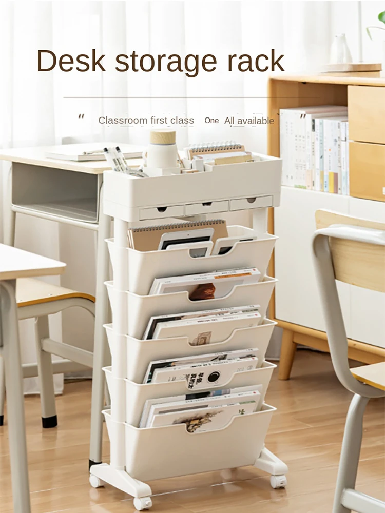 Movable Bookshelf Storage File Organizer Book Rack Large Capacity Shelves Bookcase with Drawer Magazine Snacks Rack