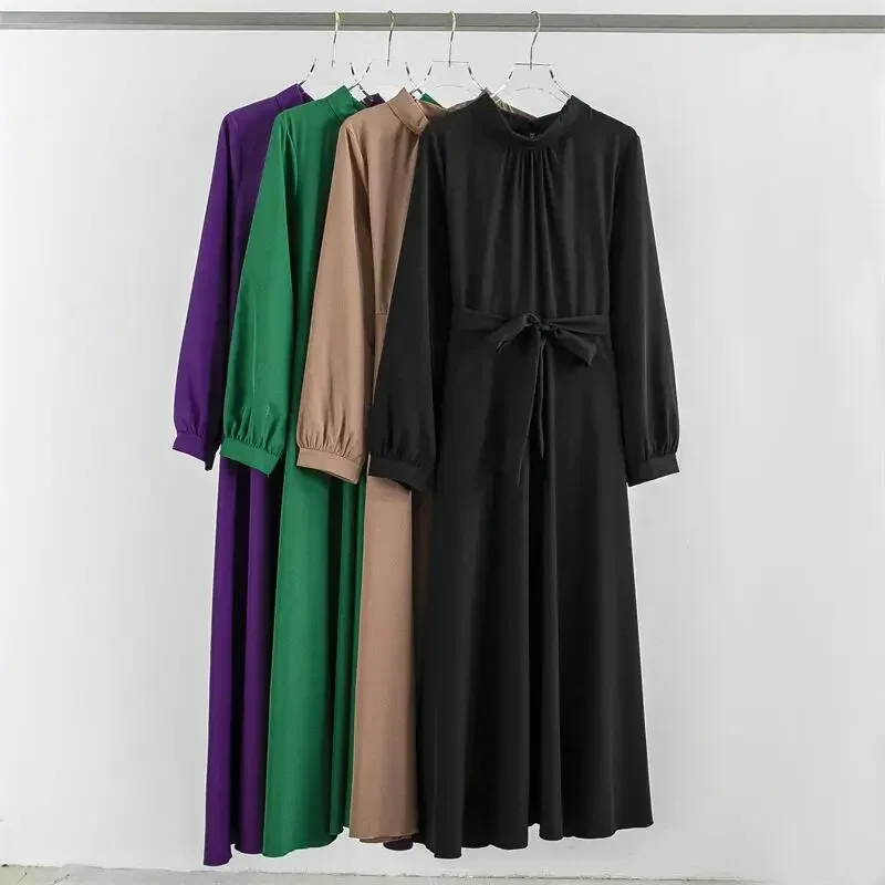 Muslim Dresses Spring Autumn Long Dress Fashion Female Vintage Full Sleeve Solid A-line Casual Chiffon Dress Women Maxi Dresses