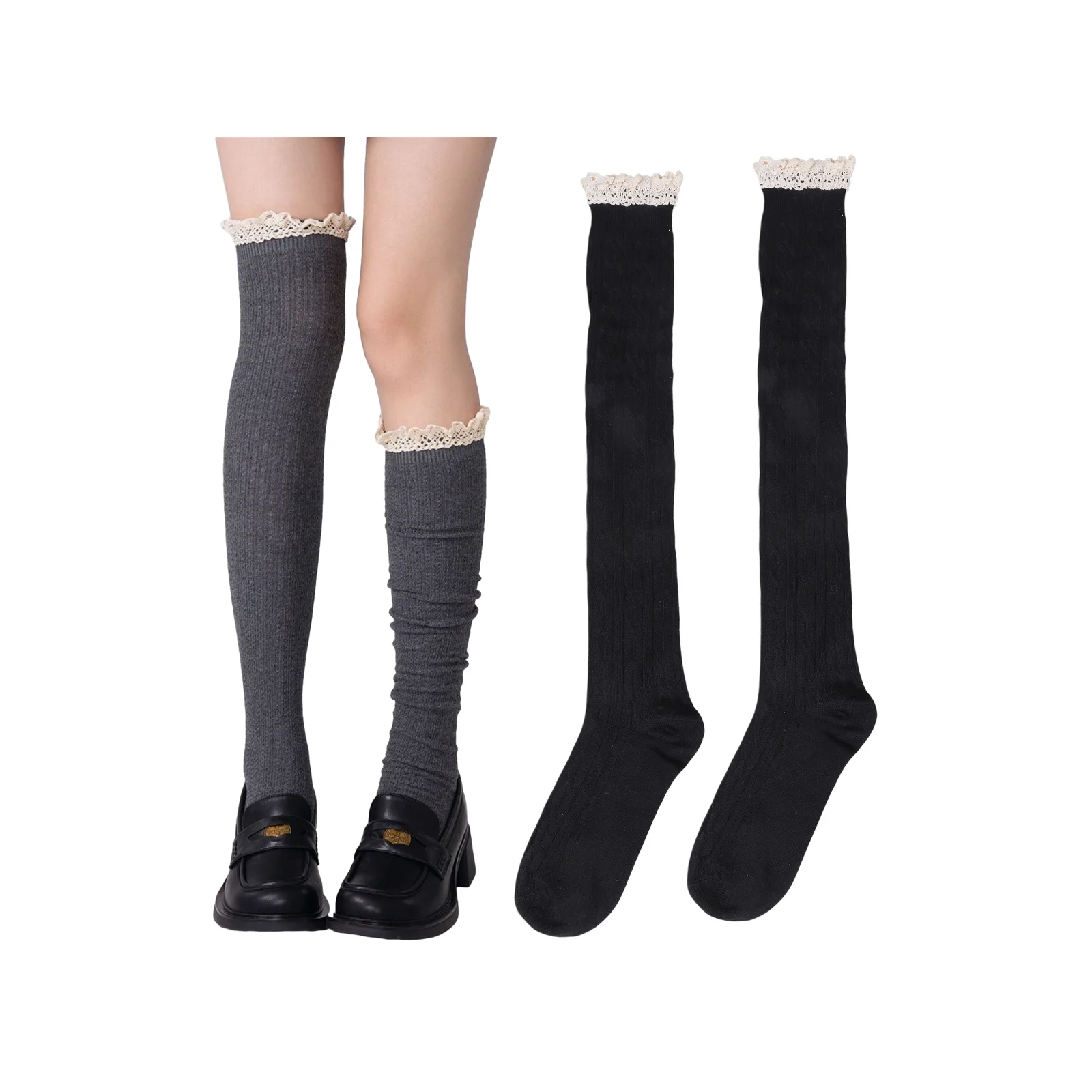 

Gray + black lace over-the-knee socks combo
