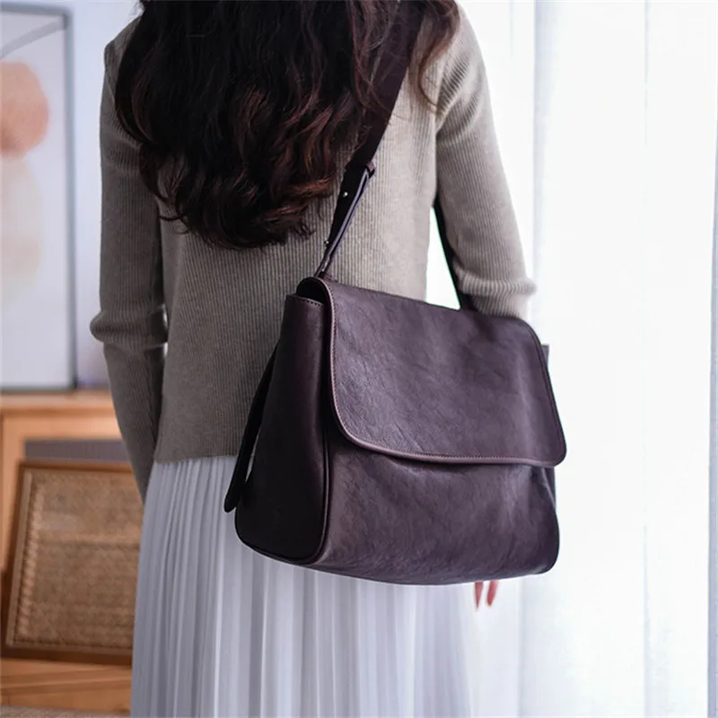 

Simple vintage designer luxury first layer cowhide women's postman bag outdoor daily work soft genuine leather shoulder bag