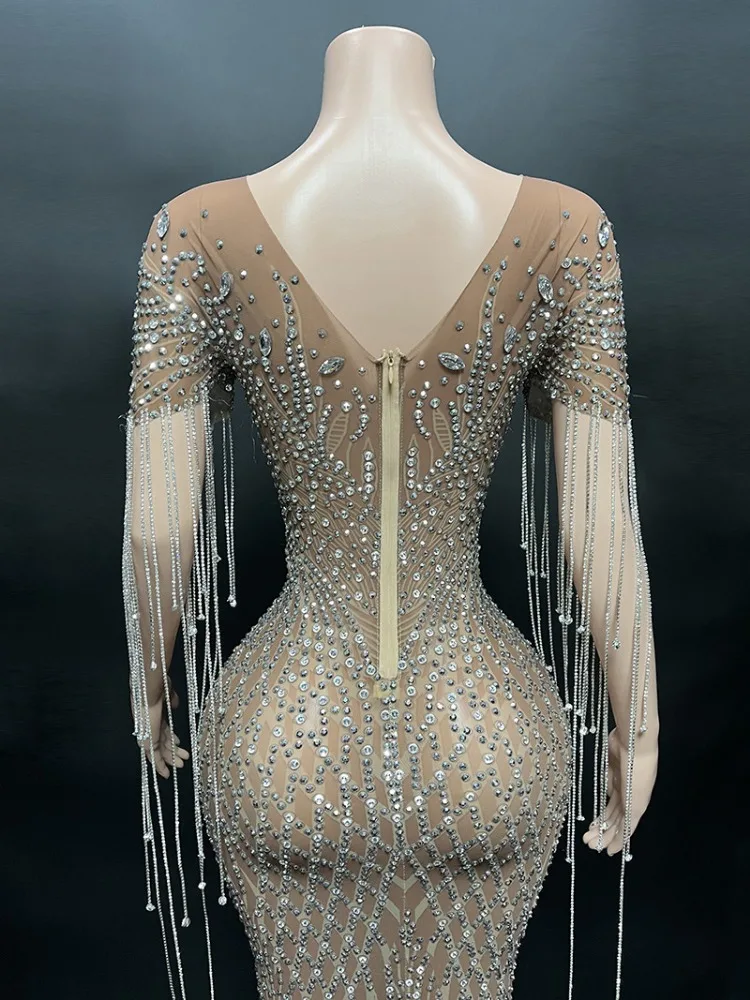 Vestido De malla con borlas, vestido ajustado elegante De manga corta con diamantes, Vestidos De fiesta y baile, Elegantes Para Fiesta 2025