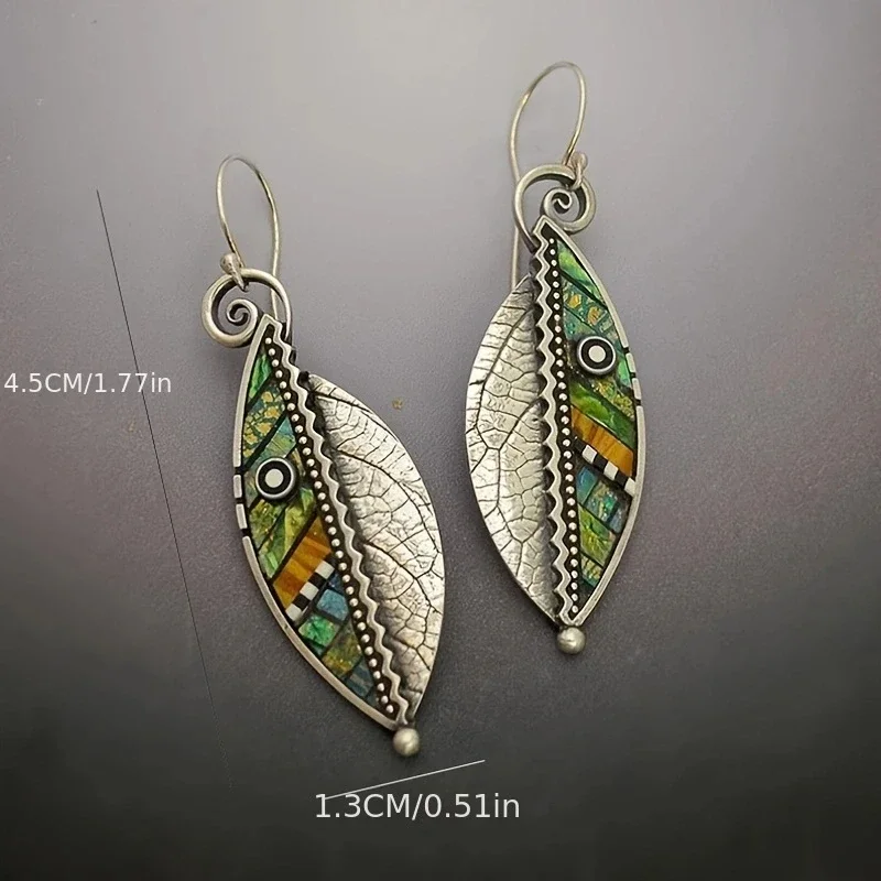 Bohemian Green Leaf Earrings for Women Ethnic Abstract Vintage Silver Color Drop Dangle Earring image 3
