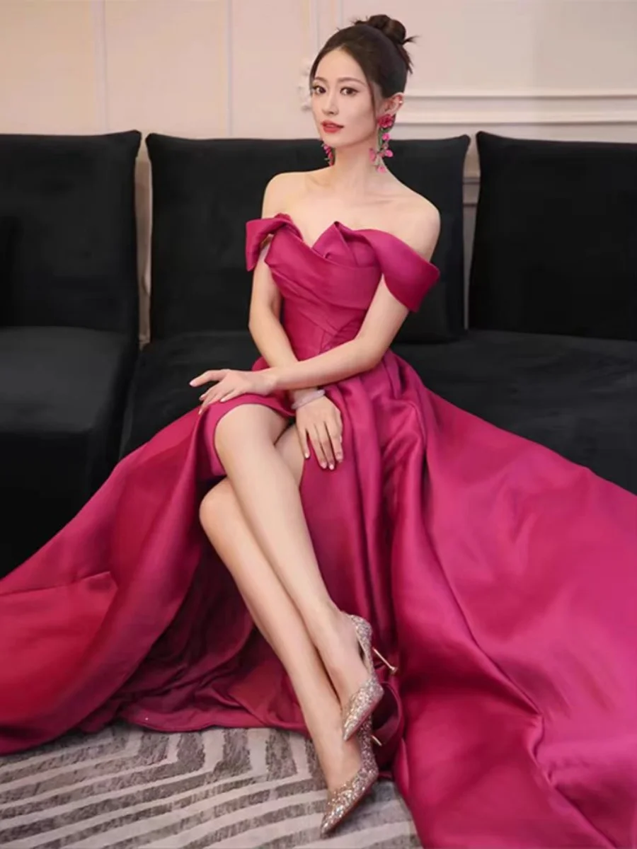 Abiti da sposa in raso con linea A Abiti da donna sexy con spalle scoperte Fromal Abiti da ballo per feste Abiti da sera personalizzati con spacco laterale a cuore