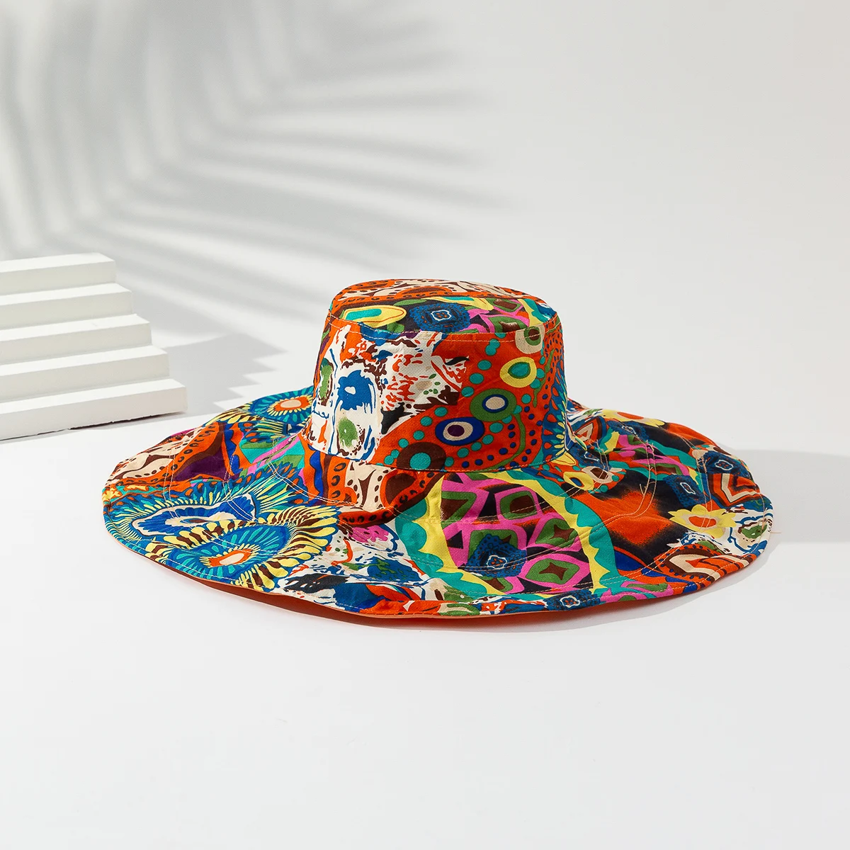 Trend full of colorful graffiti double-sided fisherman hat outdoor shade collapsible large brimmed sun hat suitable for beach va