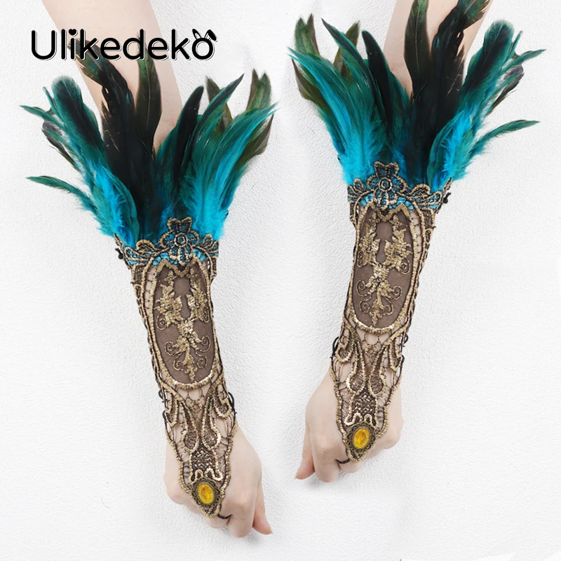 Rave rękawiczki damskie koronkowe piórko mankiety rękawy gotyckie rękawiczki Party Showgirl Feather Arm mankiety Steampunk akcesoria pióropusz