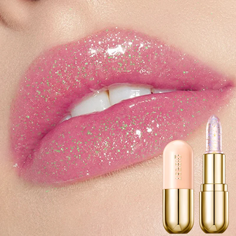 QIBEST Glitzer-Lippenstift Feuchtigkeitsspendender Lippenbalsam Farbwechsel-Lippenstift Transparenter Kristall-Jelly Perlglanz-Lippenfarbe Make-up