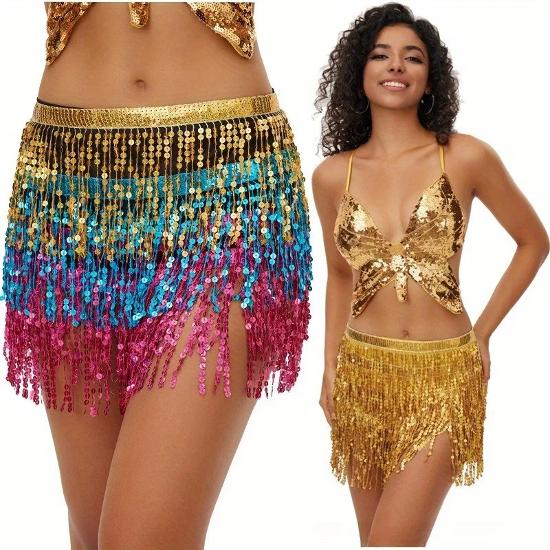 المرأة تنورة الرقص الشرقي الورك شرابة وشاح الرقص الشرقي حبة الخصر سلسلة 4 طبقات T مرحلة الأداء زي حفلة الدنيم الزي