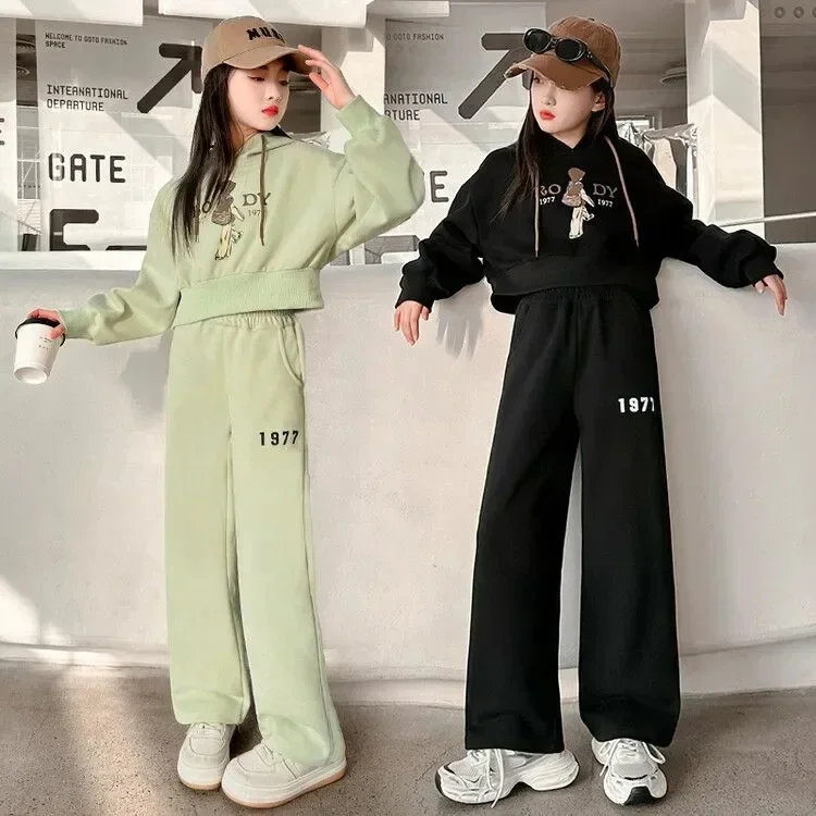 

Girls Suit Sportswear Hooded Long-sleeved Sweatshirt Cartoon Design + Wide-leg Trousers 2-piece Set Outer Wear Casual Simple