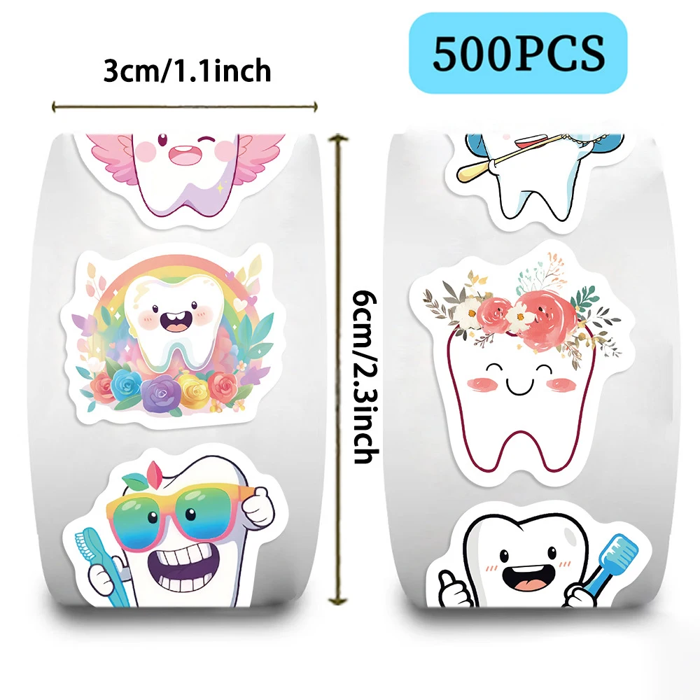 

500pcs/Roll Cute Cartoon Tooth Stickers DIY Laptop Phone Guitar Funny Dental Care Sealing Decals for Kid Reward Sticker Gift Fun