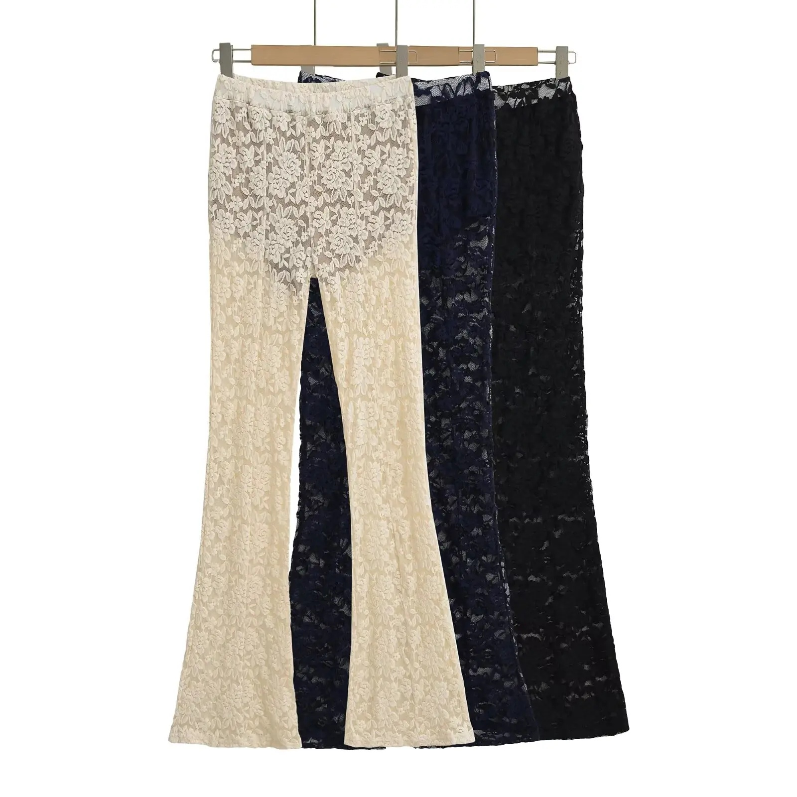 Letnie spodnie z koronkowym wykończeniem, łączone z przezroczystego materiału, długie, z lekko rozszerzanymi nogawkami, wysokim stanem, zapinane na zamek, codzienne spodnie.