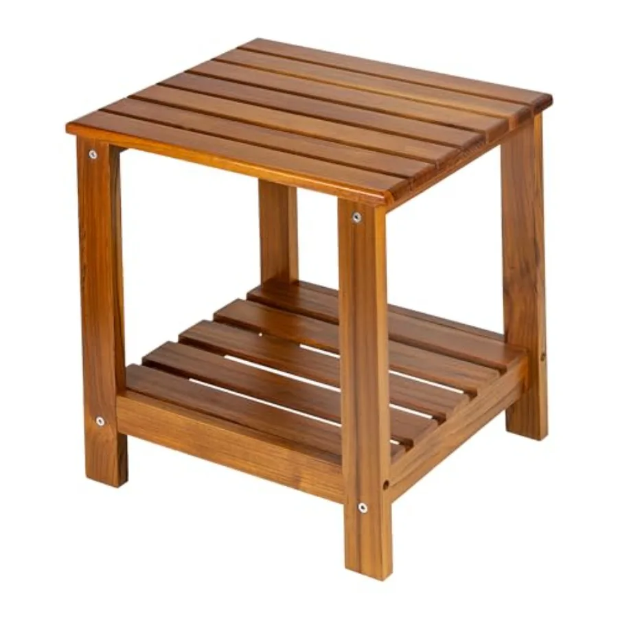 

Outdoor teak side table with double-layer design natural wood color weather-resistant for patio backyard garden living room and
