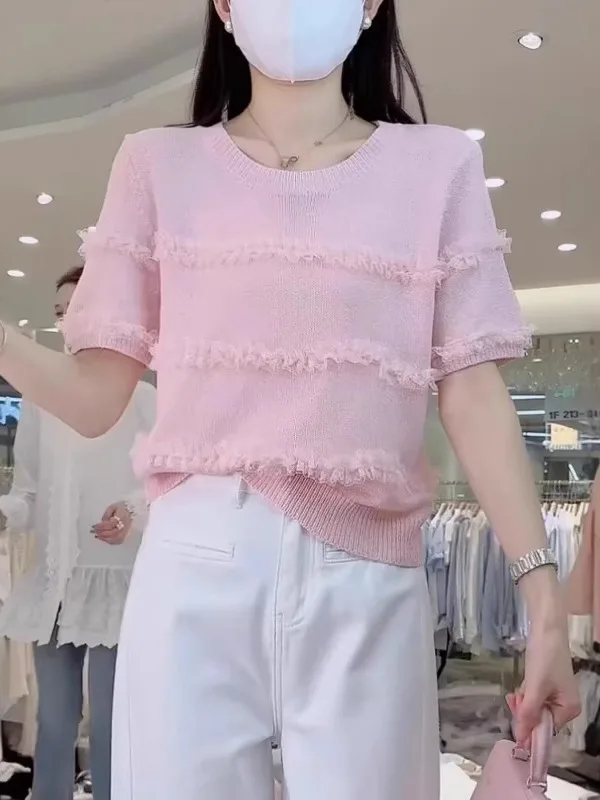 

Chic round Ne ort Sve Knitted T-irt Women's plus Size Summer Beautiful Wood ain Korean Sle Loose Fit Top