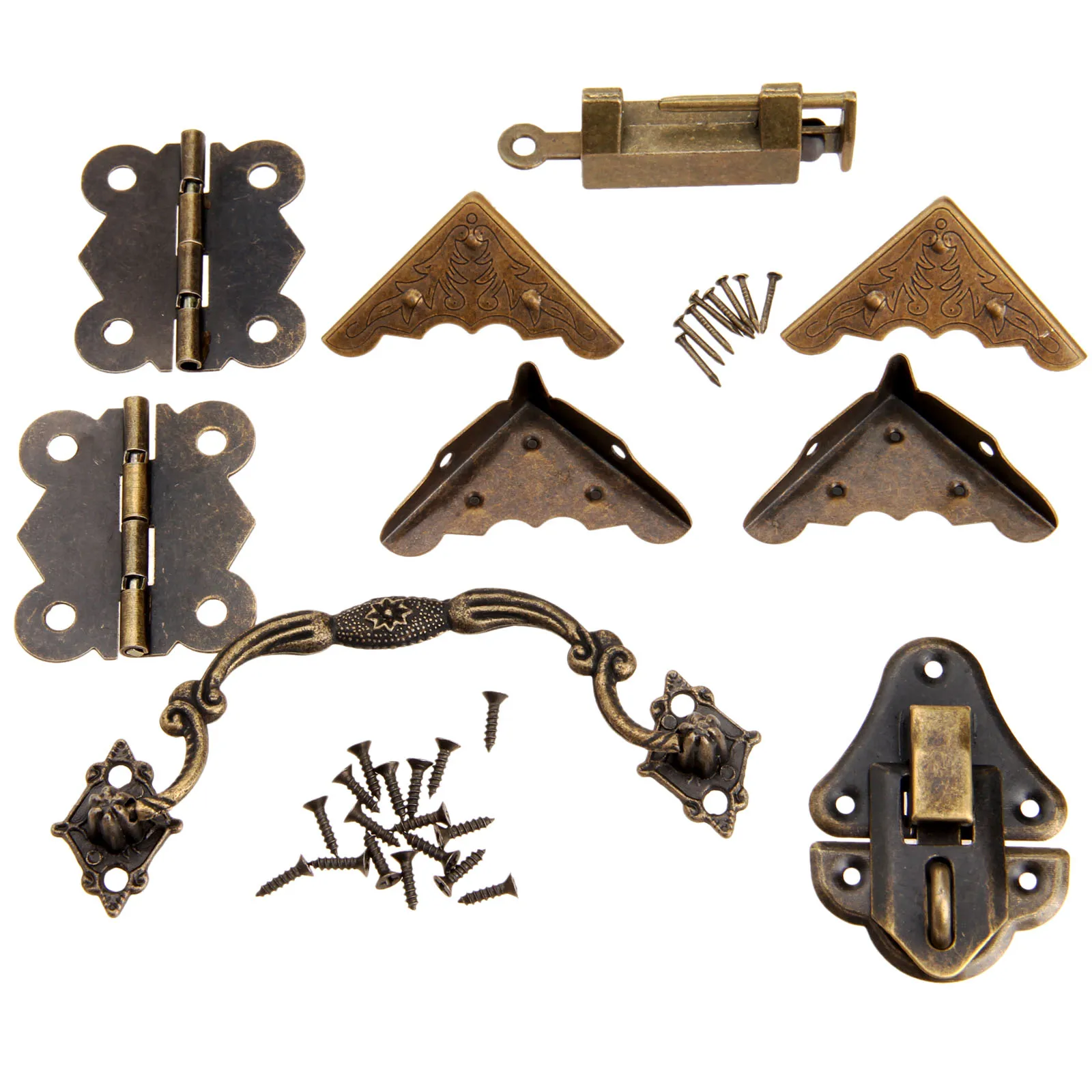 9Pcs/set Furniture Fittings Chinese Brass Hardware Antique Wooden Box Latch Hasp+Pull Handle+Hinges+Corner Protector+Old Lock