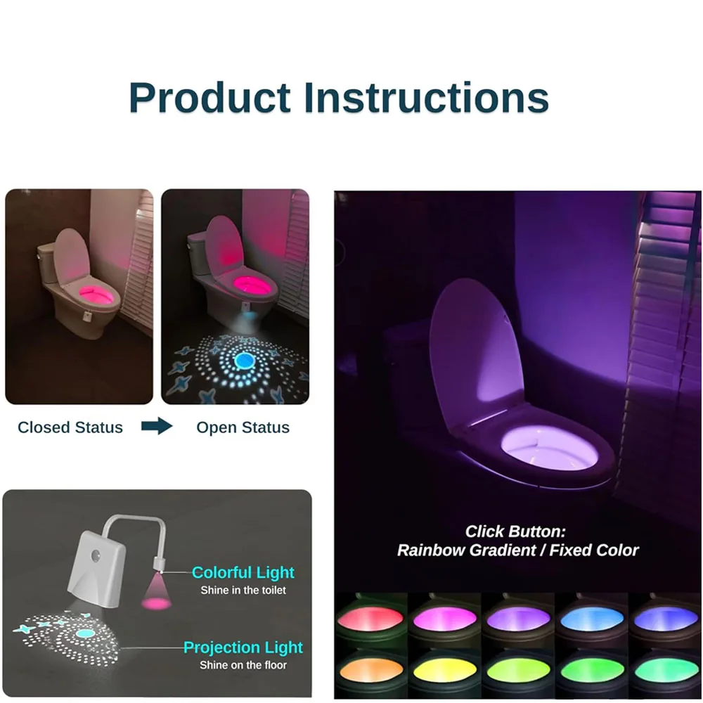 Toilet Night Lights USB Rechargeable 16 Colors Changing LED Inside Toilet Bowl Motion Sensor Activated LED Projection Nightlight