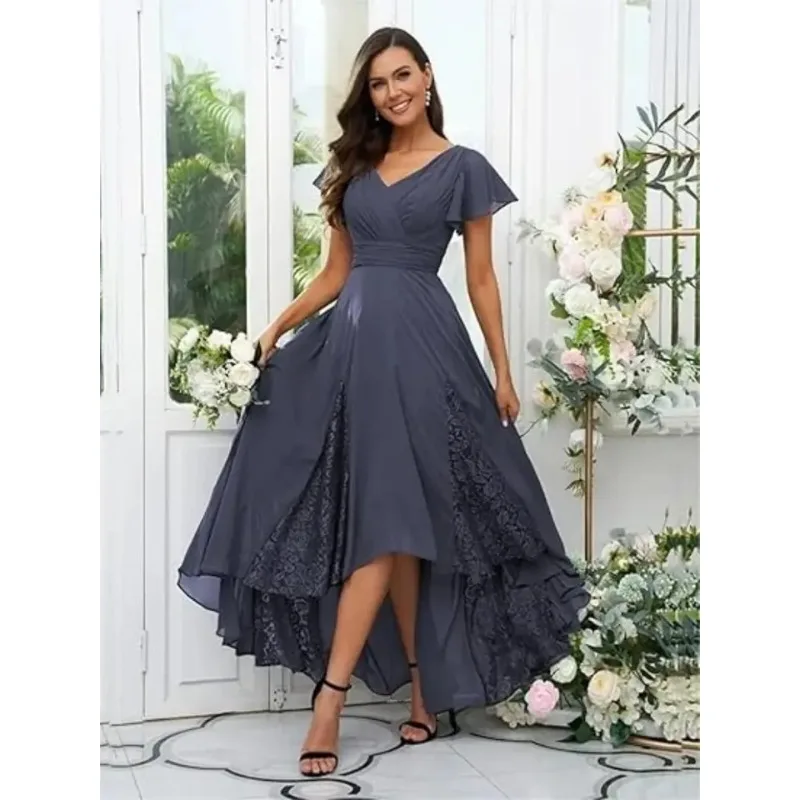 فساتين أم العروس بطول الشاي لحفلات الزفاف بأكمام مكشكشة من الشيفون فستان رسمي لوصيفة العروس #1