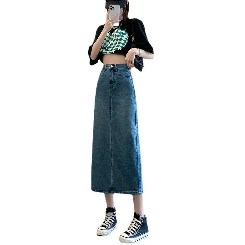 ヴィンテージ レディース スプリット ミディスカート ポケット付き ハイウエスト スリム Aライン デニム ハーフスカート 女性用