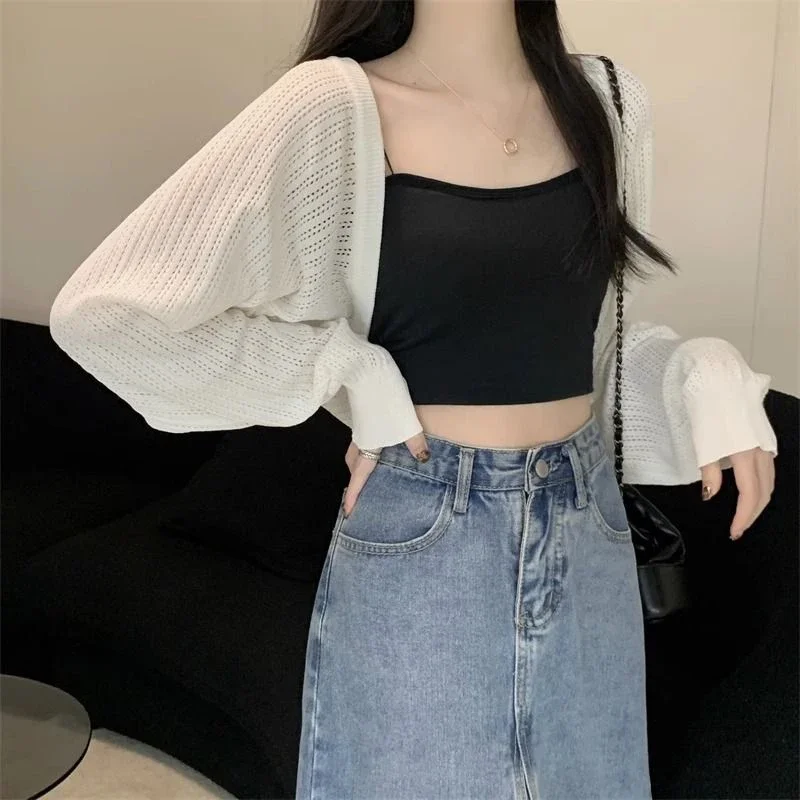 Sunscreen Crop Knit Cardigan Women Korean Style Solid Color Thin Cardigan Coat Woman Simple Long Sleeve Smock sweater Tops